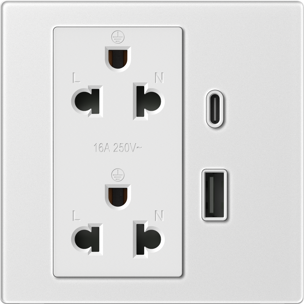 Module Ổ cắm đôi 3 chấu chuẩn Âu Mỹ 16A kèm sạc USB và type C màu trắng mặt kính cường lực Simon M7 66E7251G-4F