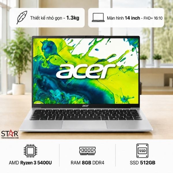 Ảnh minh họa Laptop Acer Aspire Lite 14 AL14-45P-R7Z3 | AMD Ryzen 3 5400U, 8GB DDR4, SSD 512GB NVMe, UMA, 14" FHD+, Win11, Bạc (NX.DPESV.002) 1