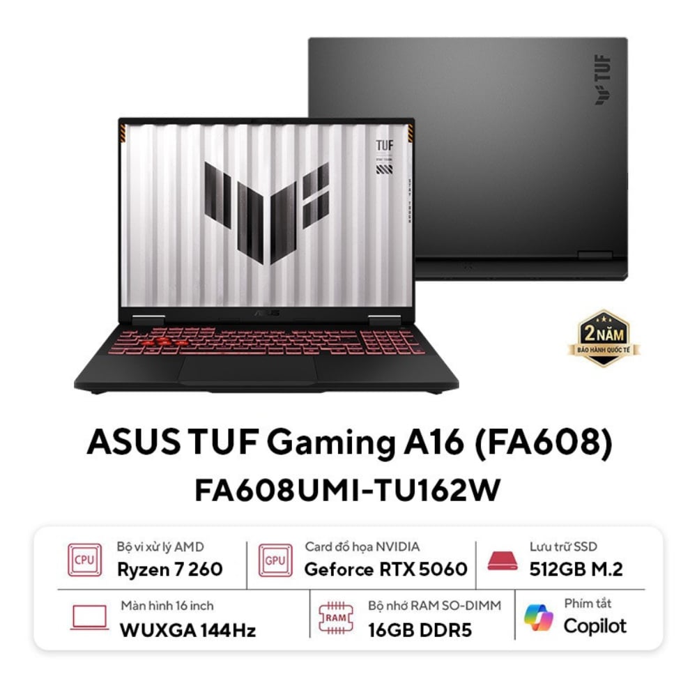 Laptop ASUS TUF Gaming A16 FA608UMI-TU162W (AMD Ryzen 7 260 | 16GB | 512GB | RTX 5060 8GB | 16 inch FHD+ 144Hz | Windows 11 Home | Xám)