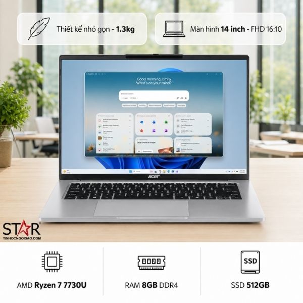 Ảnh minh họa Laptop Acer Aspire Lite 14 AL14-44P-R0SP | AMD Ryzen 7 7730U, 8GB DDR4, SSD 512GB NVMe, UMA, 14" FHD+, Win11, Bạc (NX.DMCSV.003) 1