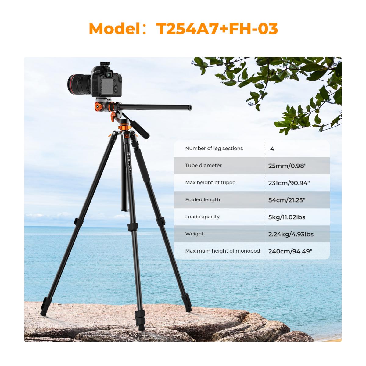 Ảnh minh họa K&F Concept Fluid Head Video Tripod, Monopod T254A7+FH-03 KF09.137 | Chính Hãng 1