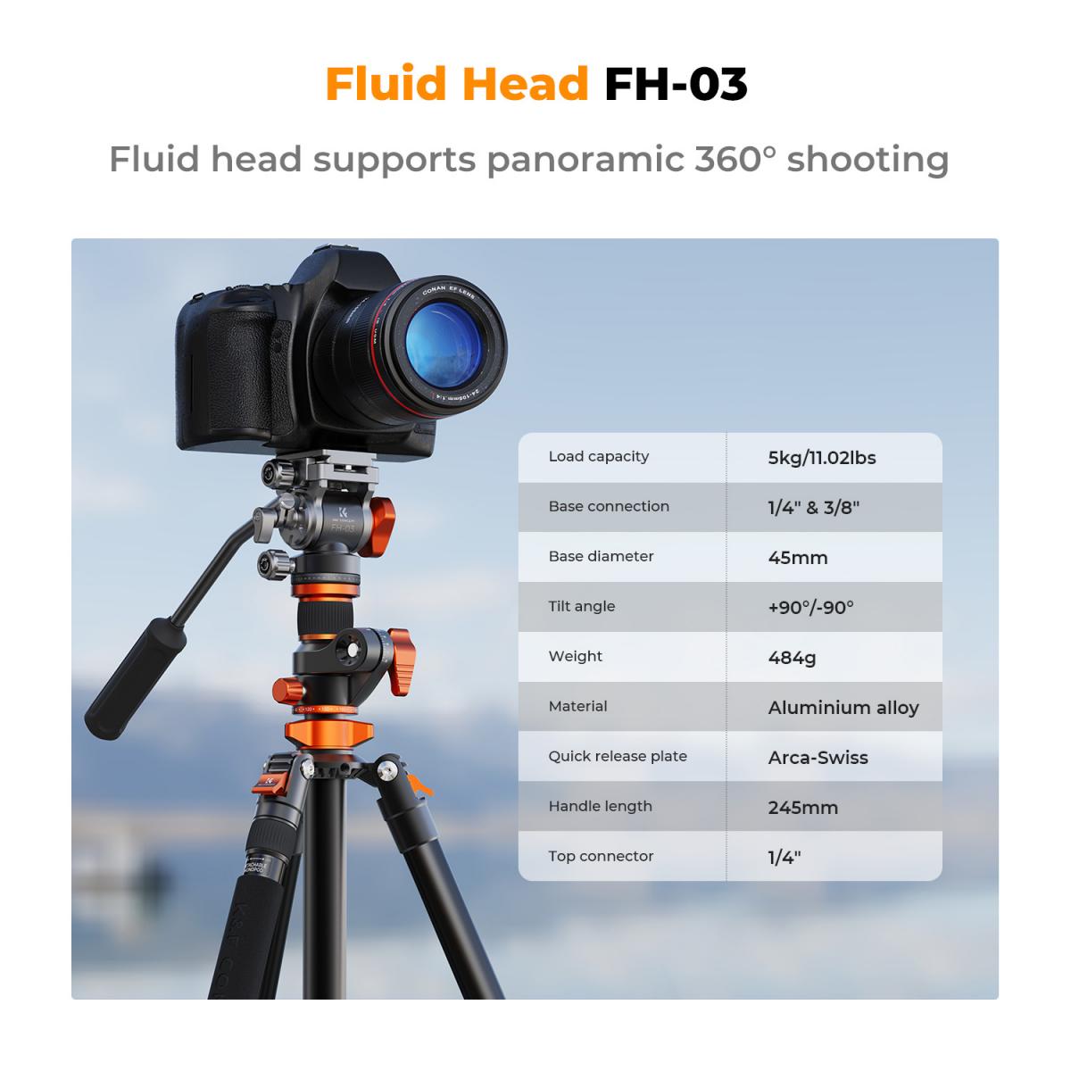 Ảnh minh họa K&F Concept Fluid Head Video Tripod, Monopod T254A7+FH-03 KF09.137 | Chính Hãng 2