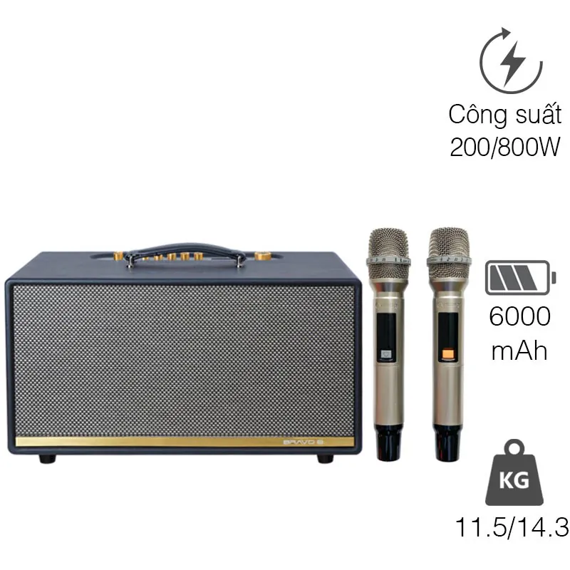 Loa Arirang Bravo 8, Bass 16.5cm, 200W, Bluetooth 5.0, Optical, HDMI ARC, AUX, USB, Pin 6000mAh, Đi kèm 2 mic không dây