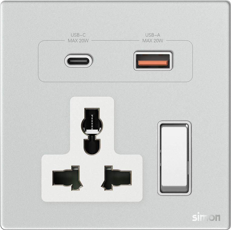 Bộ ổ cắm 3 chấu kèm cổng sạc USB và Type C màu bạc mặt kính Simon M7 66E7253G-4E lắp đế vuông