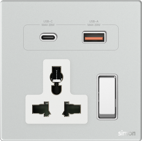 Bộ ổ cắm 3 chấu kèm cổng sạc USB và Type C màu bạc mặt kính Simon M7
