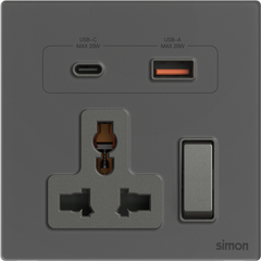  Bộ ổ cắm 3 chấu kèm cổng sạc USB và Type C màu xám mặt kính Simon M7 
