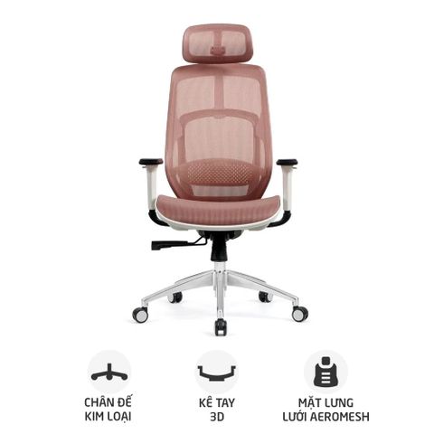 Ghế công thái học HYPERWORK Airy | Hồng, 120kg, Chân xoay, Lưng lưới