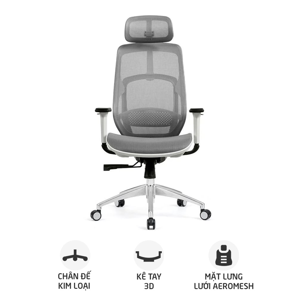 Ghế công thái học HYPERWORK Airy | Trắng, 120kg, Chân xoay, Lưng lưới
