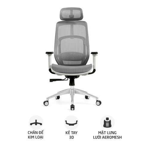 Ghế công thái học HYPERWORK Airy | Trắng, 120kg, Chân xoay, Lưng lưới