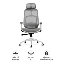  Ghế công thái học HYPERWORK Airy | Trắng, 120kg, Chân xoay, Lưng lưới 