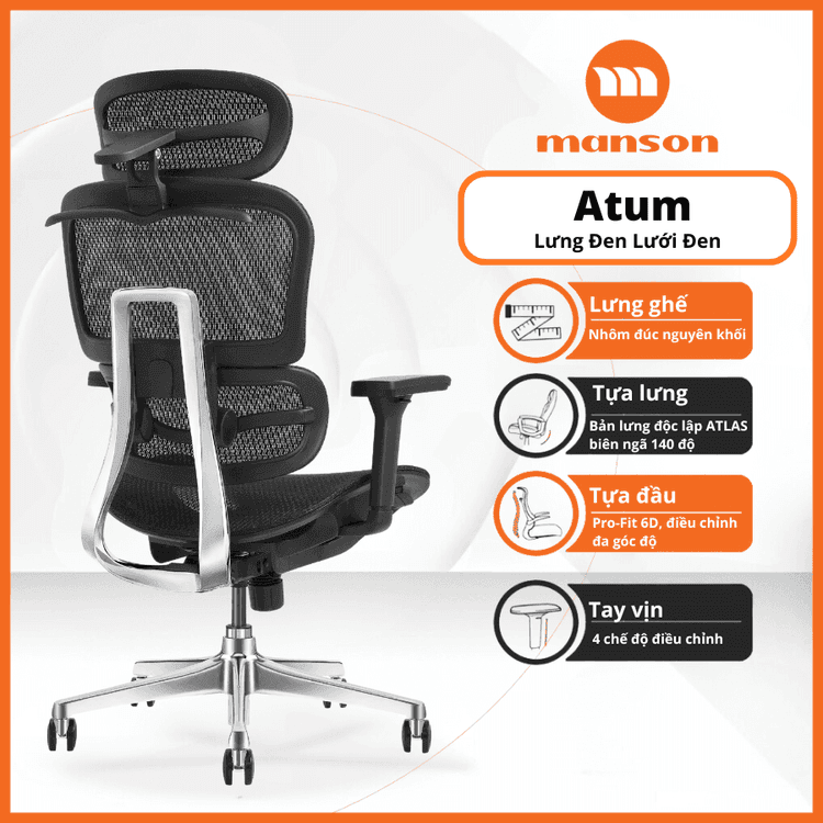 Ảnh minh họa Ghế công thái học MANSON Atum | Đen, 120kg, Chân xoay, Lưng lưới 1