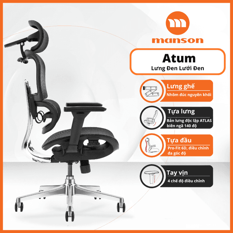 Ảnh minh họa Ghế công thái học MANSON Atum | Đen, 120kg, Chân xoay, Lưng lưới 2