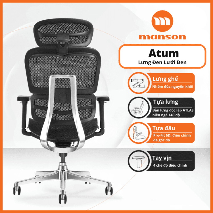 Ảnh minh họa Ghế công thái học MANSON Atum | Đen, 120kg, Chân xoay, Lưng lưới 3