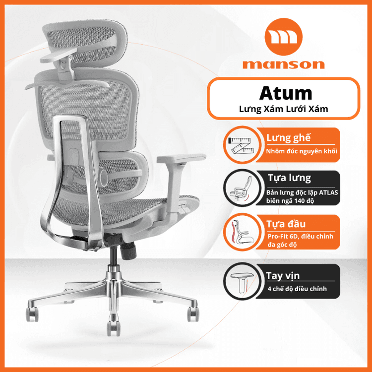 Ảnh minh họa Ghế công thái học MANSON Atum | Xám, 120kg, Chân xoay, Lưng lưới 1