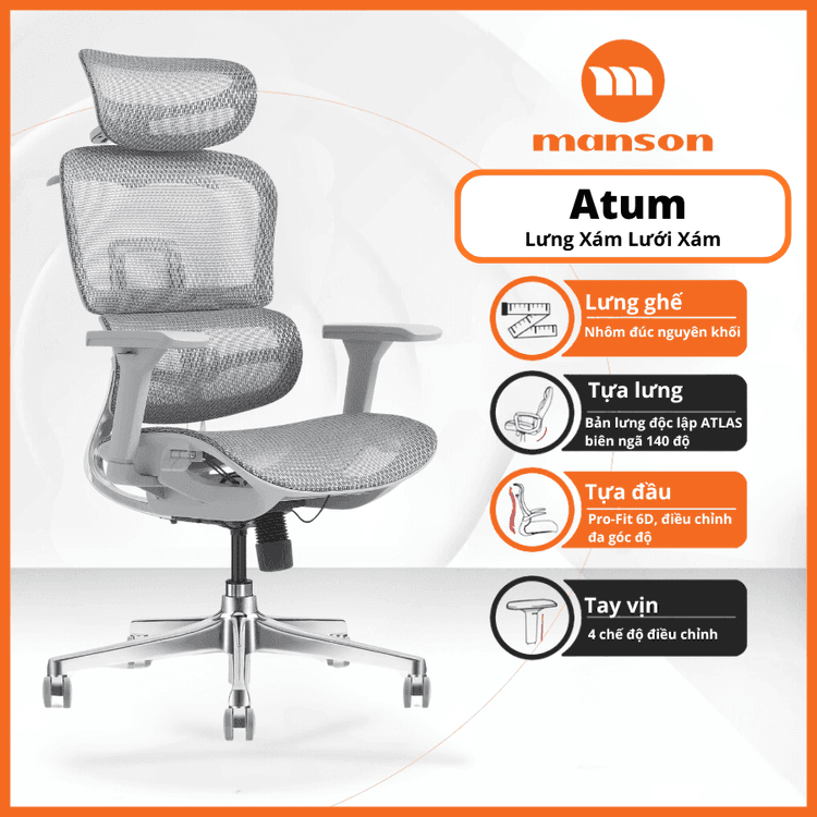 Ảnh minh họa Ghế công thái học MANSON Atum | Xám, 120kg, Chân xoay, Lưng lưới 2