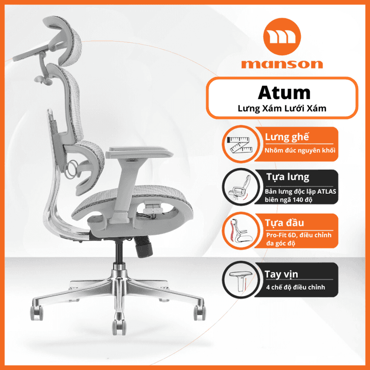 Ảnh minh họa Ghế công thái học MANSON Atum | Xám, 120kg, Chân xoay, Lưng lưới 3