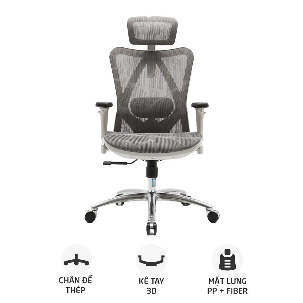 Ghế công thái học SIHOO M57 | Xám, 120kg, Chân xoay, Lưng lưới