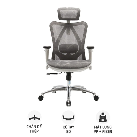 Ghế công thái học SIHOO M57 | Xám, 120kg, Chân xoay, Lưng lưới