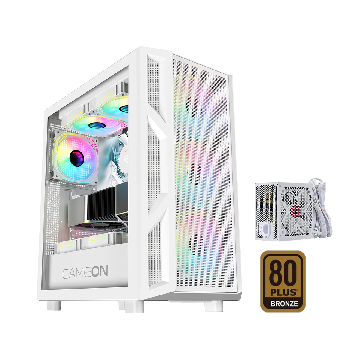 GAMEON Trident IV-A POWERFORGE Series Vỏ máy tính chơi game Mid Tower – Trắng kèm bộ nguồn 750W 80+ Bronze và 4 quạt ARGB