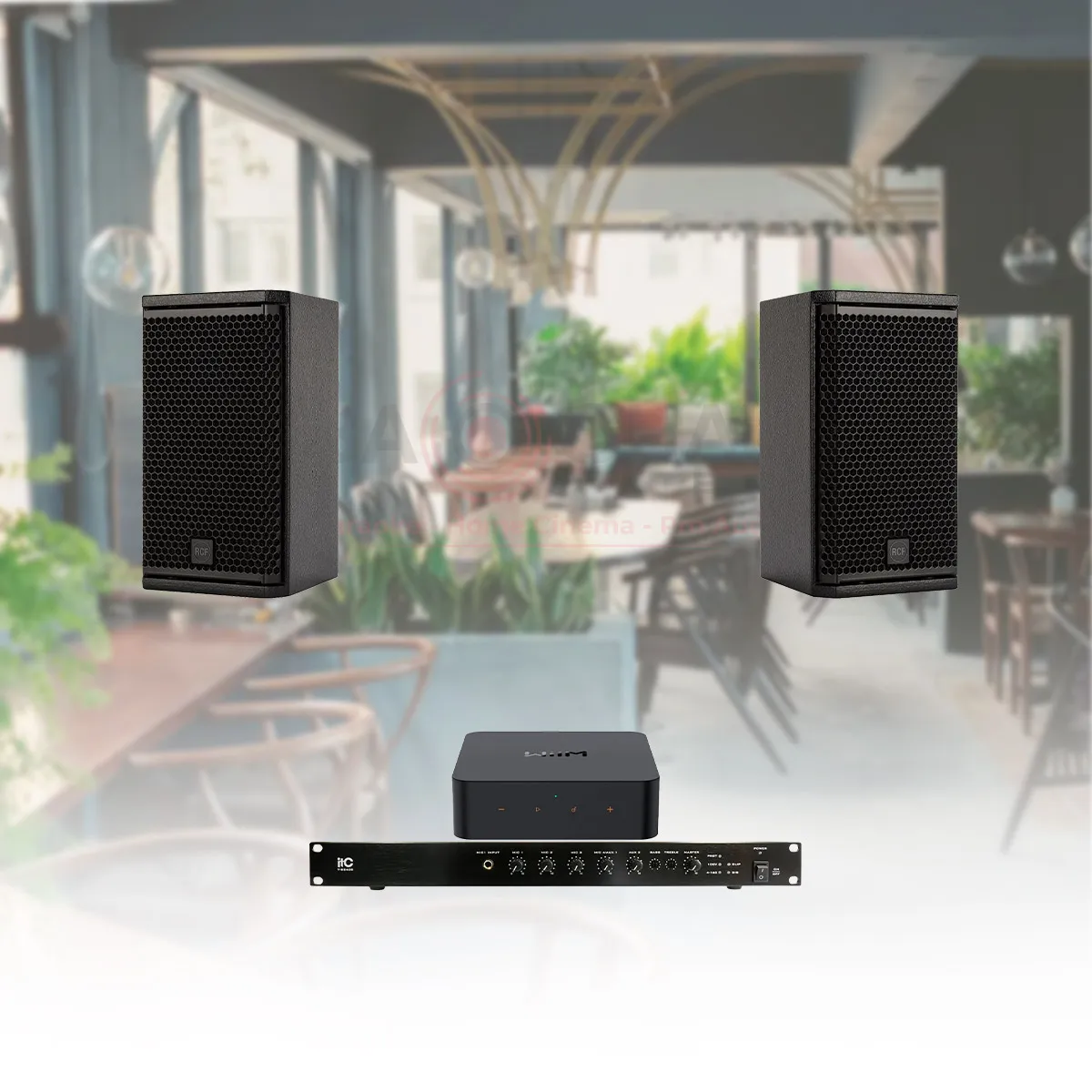 Ảnh minh họa Hệ Thống Âm Thanh Nhạc Nền Quán Cafe, Nhà Hàng, Shop, Spa, tenis RCF 03 (RCF Compact M05, ITC T-B240D,WiiM Pro Plus) 1