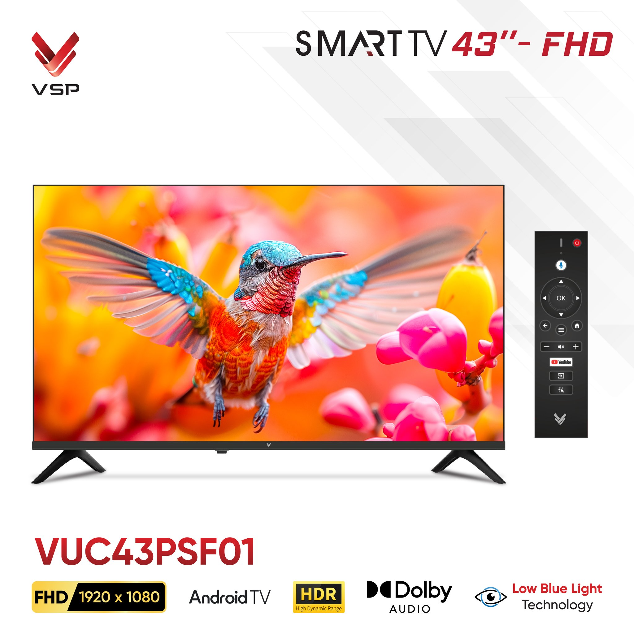 Ảnh minh họa Smart Tivi Vsp VUC43PSF01 | 43" AndroidTV FHD HDR Dolby Audio Low Blue Light Remote HDMI Wifi LAN Bluetooth USB 1