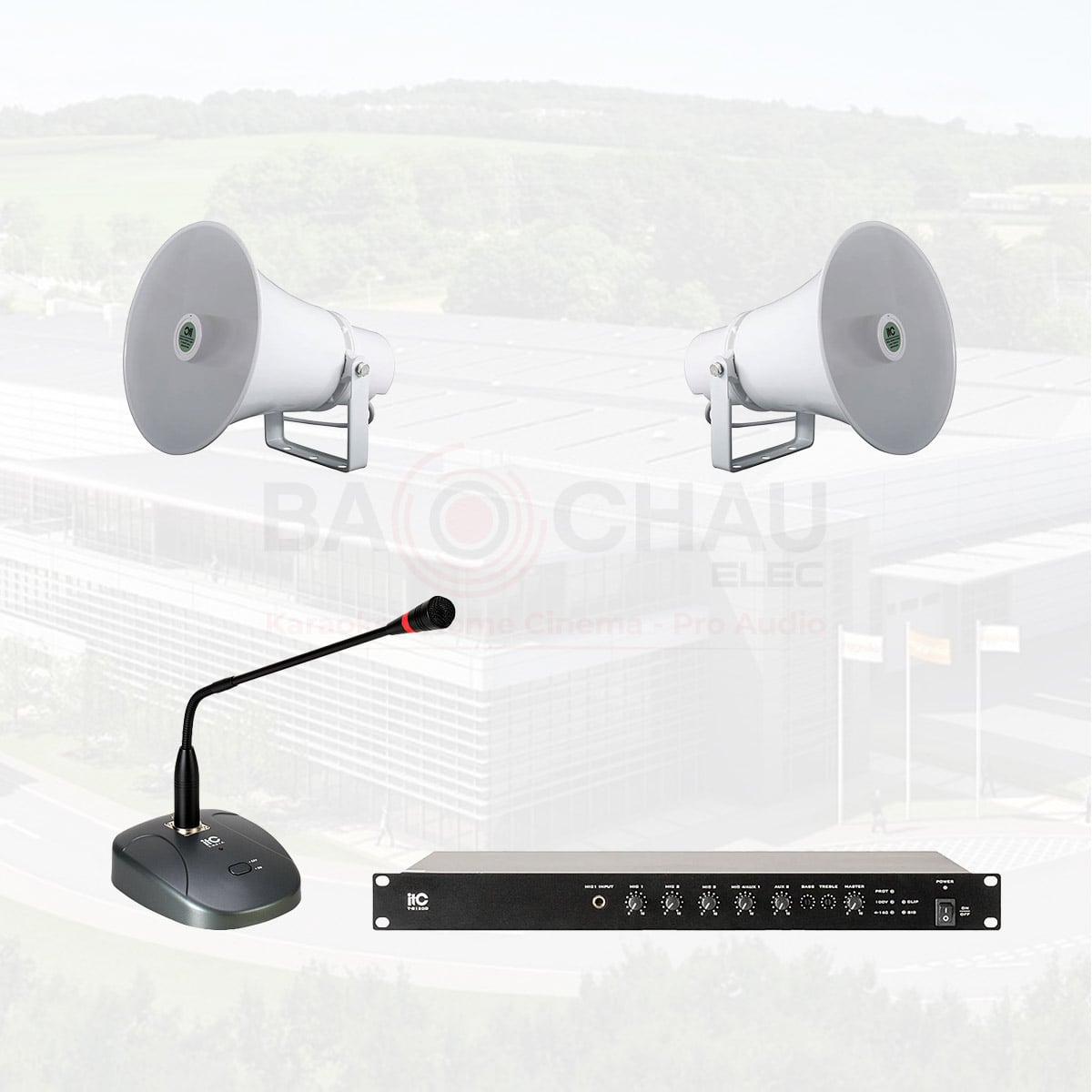 Hệ thống âm thanh nhà xưởng 1000m2 (ITC T-720R, ITC T-B120D, ITC T-621A)