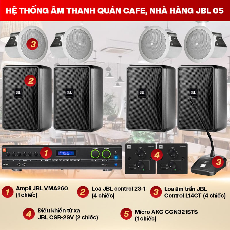 Ảnh minh họa Hệ thống âm thanh quán cafe, nhà hàng JBL 05 (100-150m2) 1