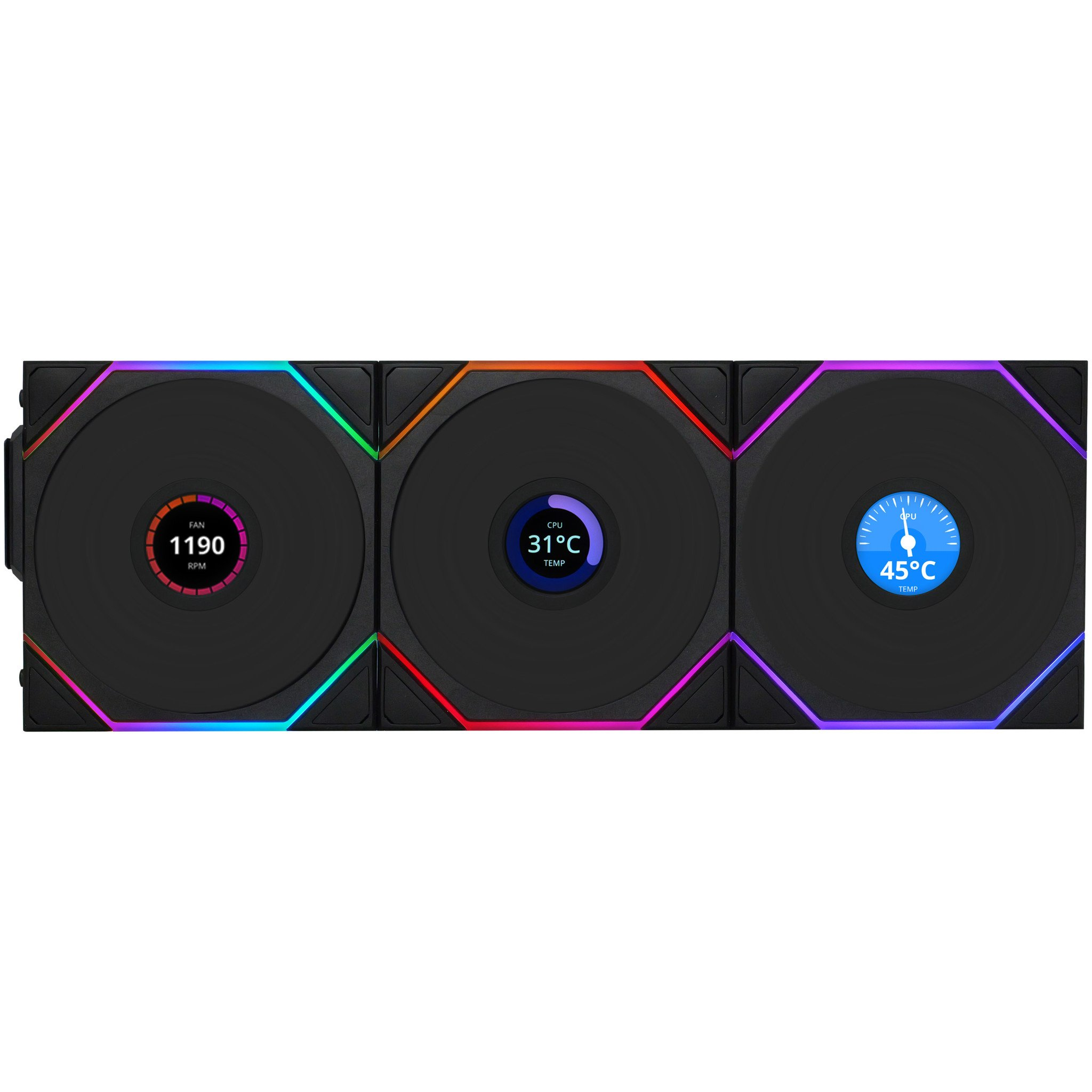 Ảnh minh họa Quạt Tản Nhiệt Lian-Li FAN TL 120 LCD Wireless Triple Pack Reverse Blade Black 1