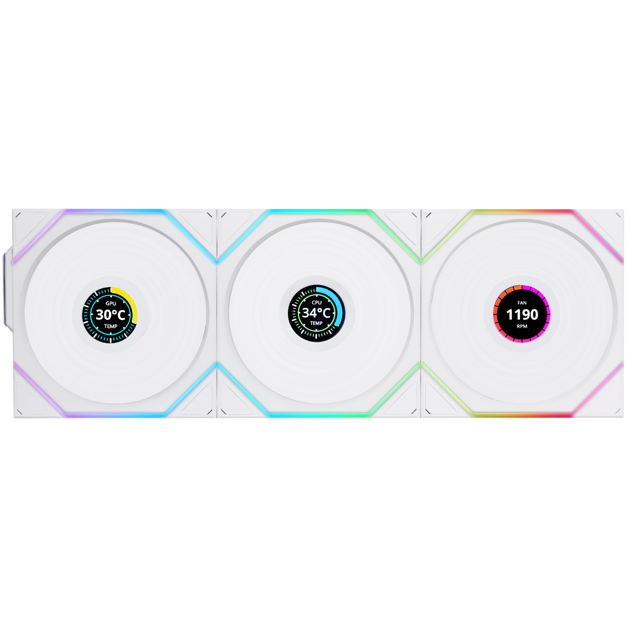 Ảnh minh họa Quạt Tản Nhiệt Lian-Li FAN TL 120 LCD Wireless Triple Pack Reverse Blade White 1