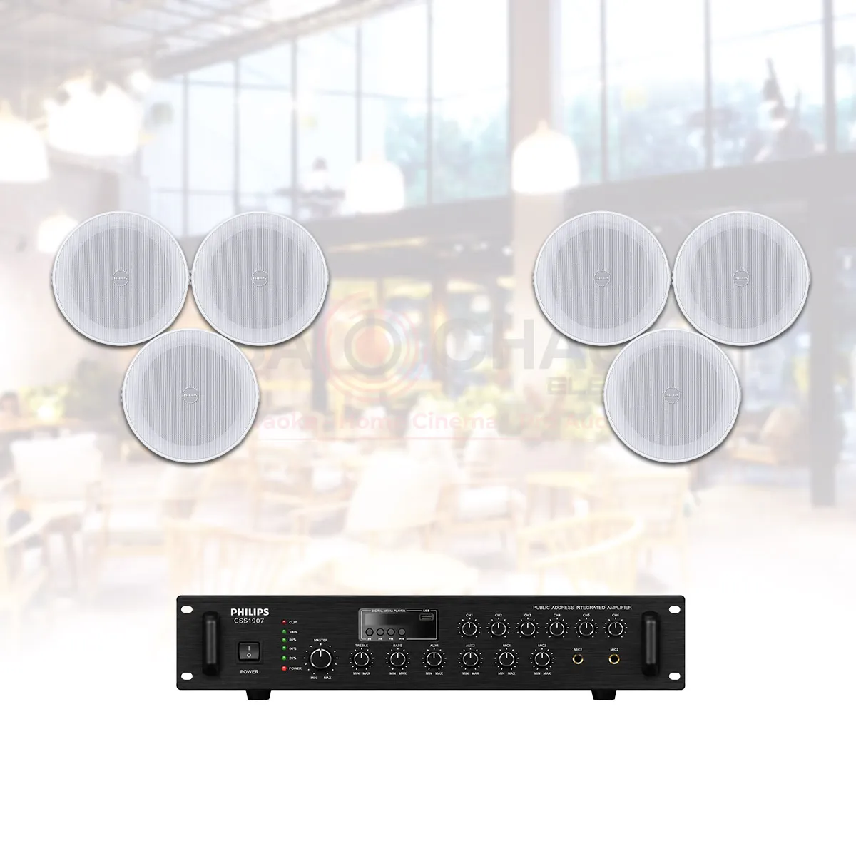 Ảnh minh họa Hệ thống âm thanh nhạc nền cafe nhà hàng spa Philips 03 - 100-120m2 (Philips CSS1000/70-06 WD6, Philips CSS1907/70 80W) 2