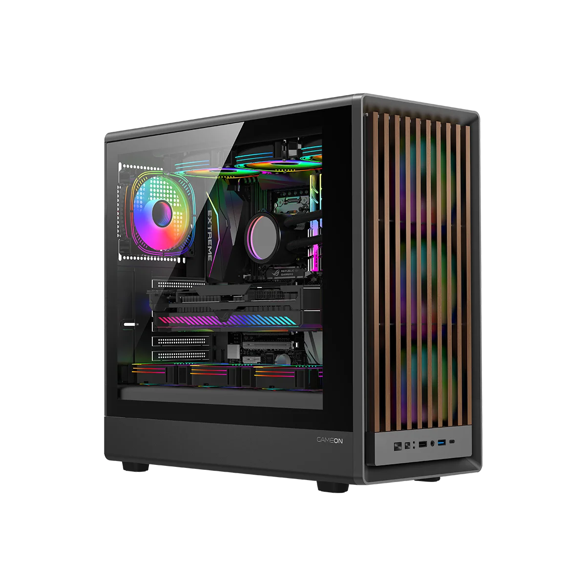 GAMEON TIMBERI Midnight Series Vỏ máy tính chơi game Mid Tower ARGB + PWM – Gỗ/Đen