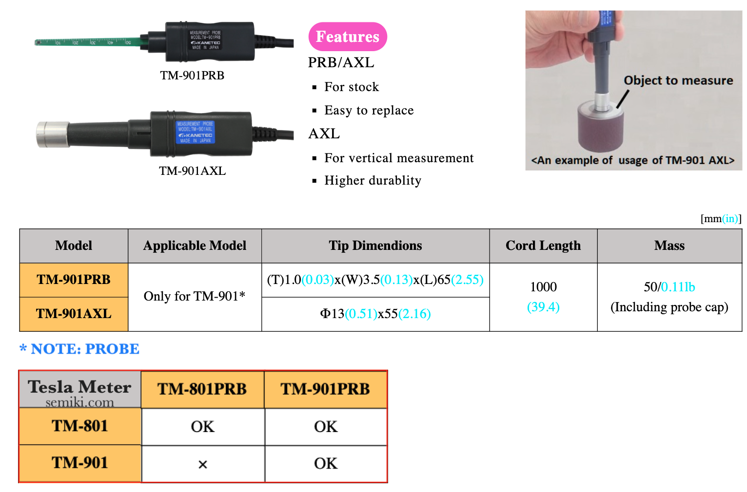 Ảnh minh họa Kanetec TM-901AXL đầu dò đo từ tính tiếp xúc 0-3,000.0mT /0-30,000 G 1
