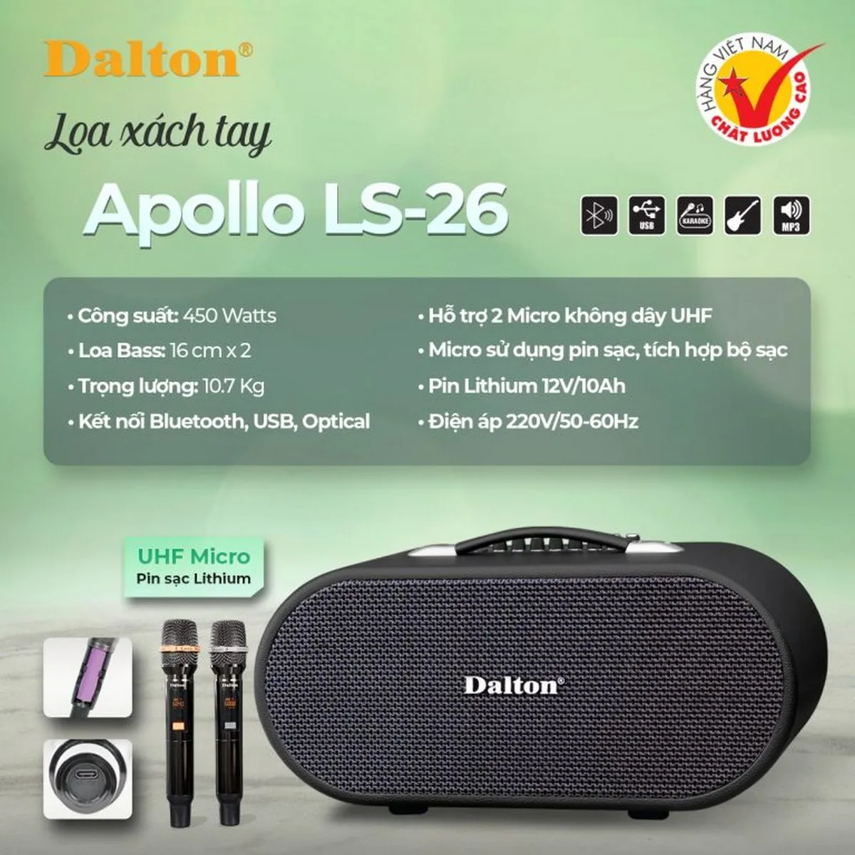 Ảnh minh họa Loa karaoke xách tay Dalton Apollo LS-26 (450W, Bluetooth 5.3, Pin 6H) 2