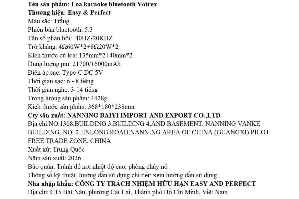Ảnh minh họa Loa karaoke xách tay Easy & Perfect EP-Votrex 160W - Trắng 1