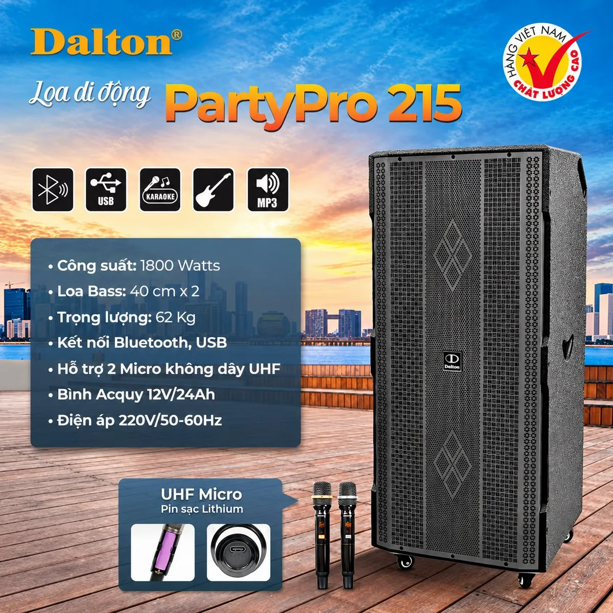 Ảnh minh họa Loa kéo Dalton PartyPro 215 ( 2 Bass 40, 1800W, kèm 2 micro không dây) 2