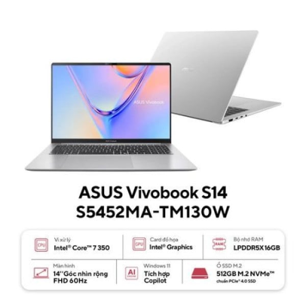 Laptop ASUS Vivobook S14 S5452MA-TM130W (Core™ 7 350 | 16GB | 512GB | Intel® Graphics | 14inch WUXGA | Win 11 | Bạc)