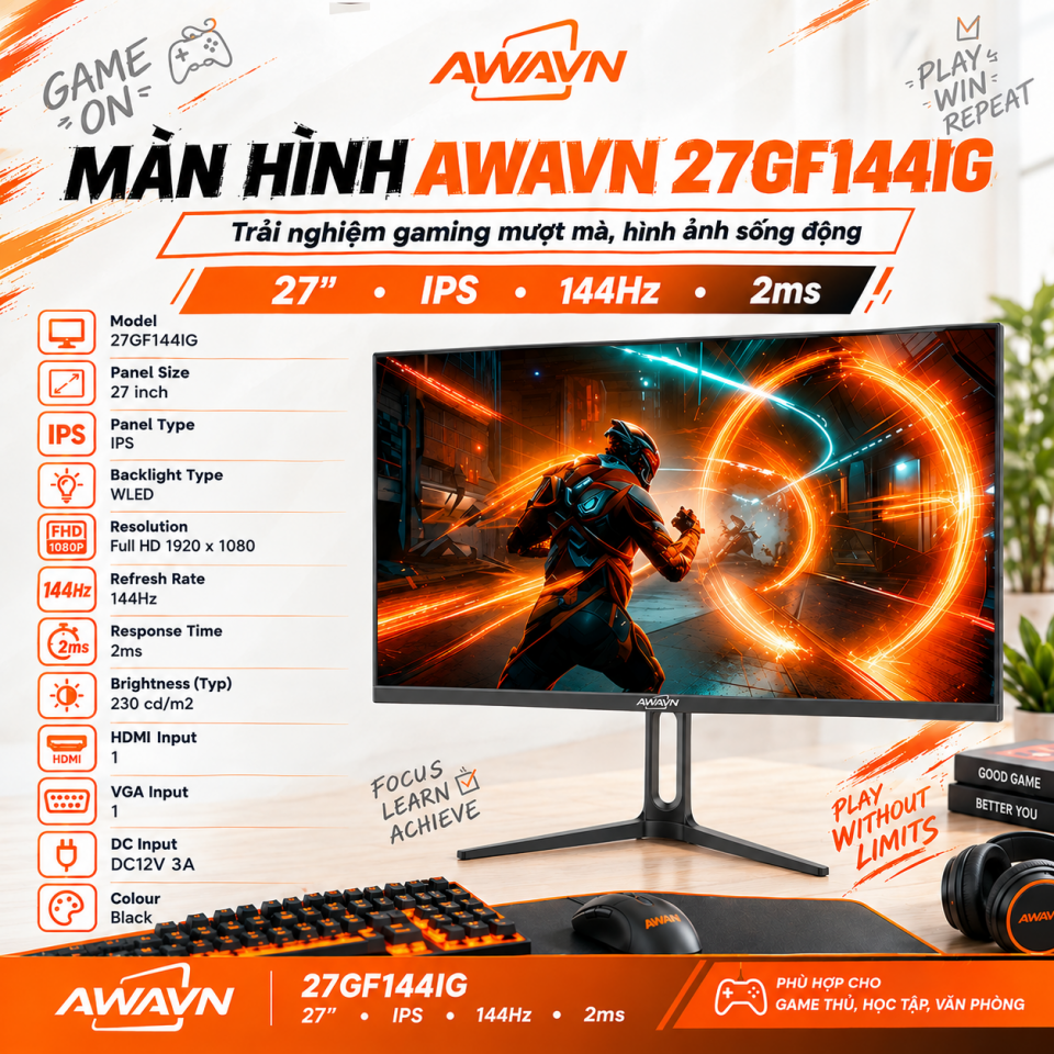 MÀN HÌNH AWAVN 27GF144IG (27 INCH/ FHD/ IPS/ 144HZ/ 2MS)