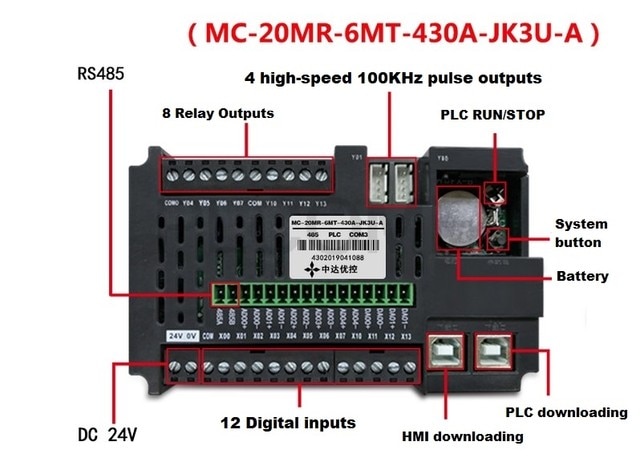 Ảnh minh họa Màn hình HMI PLC MC-20MR-6MT-430A-JK3U-A / 4.3 inch hãng YKHMI / 485 RTC 1