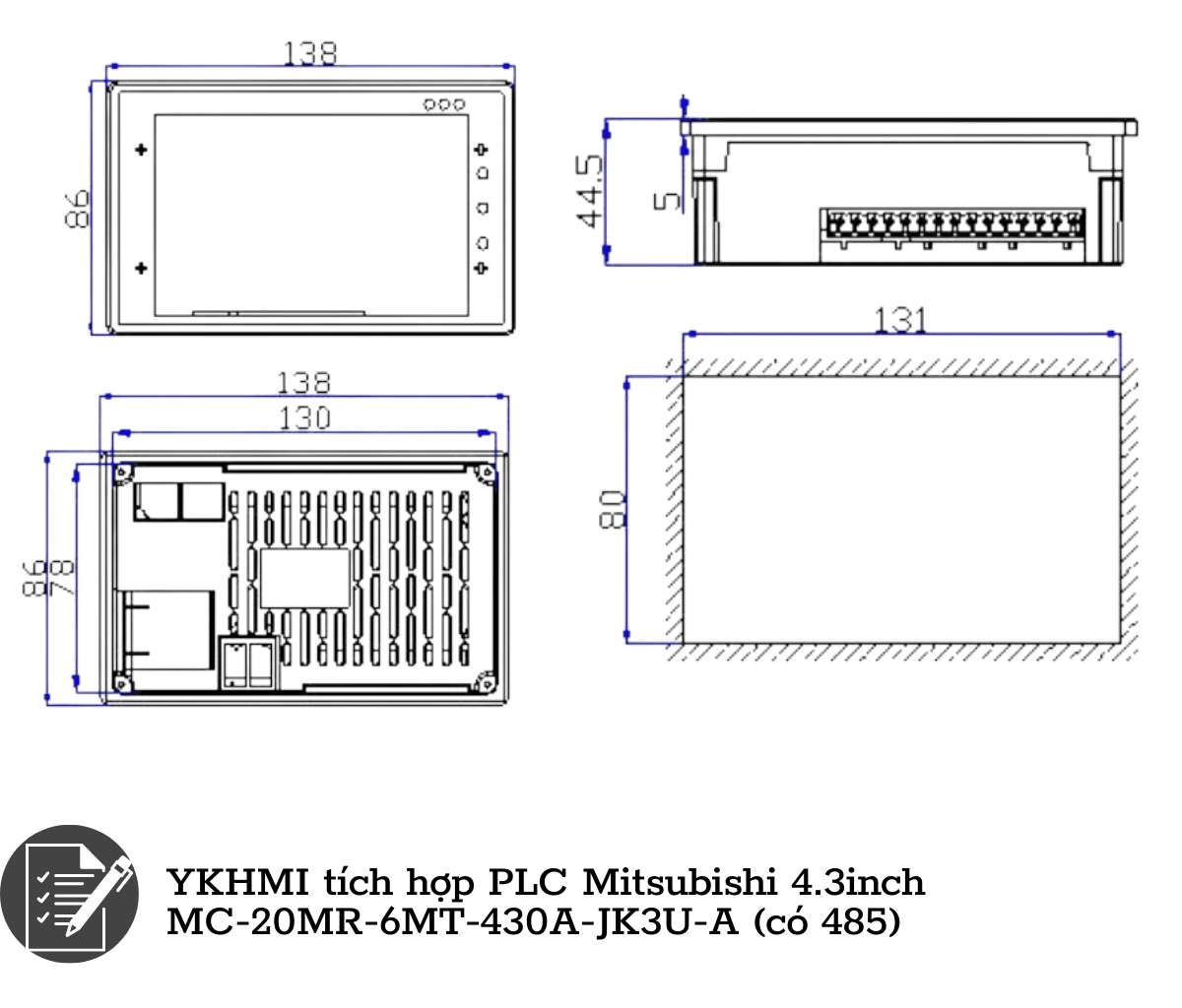Ảnh minh họa Màn hình HMI PLC MC-20MR-6MT-430A-JK3U-A / 4.3 inch hãng YKHMI / 485 RTC 2