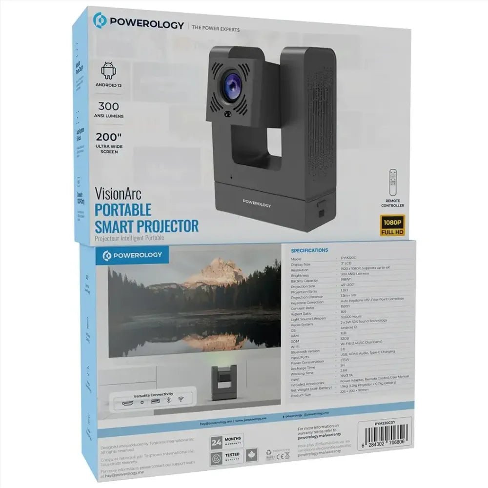 Ảnh minh họa Powerology VisionArc Portable Smart Projector – 1080P Full HD, 300 ANSI Lumens, Android 12, Wi-Fi 6 (Gray) 3
