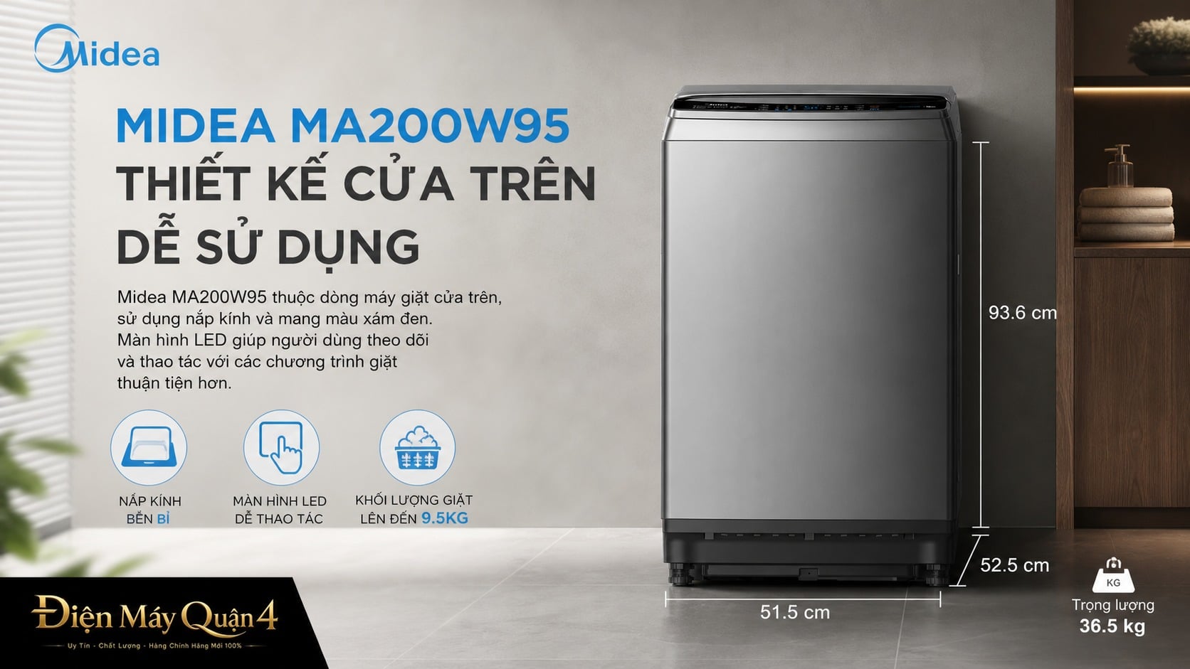 Ảnh minh họa Máy giặt cửa trên Midea 9.5kg MA200W95 1