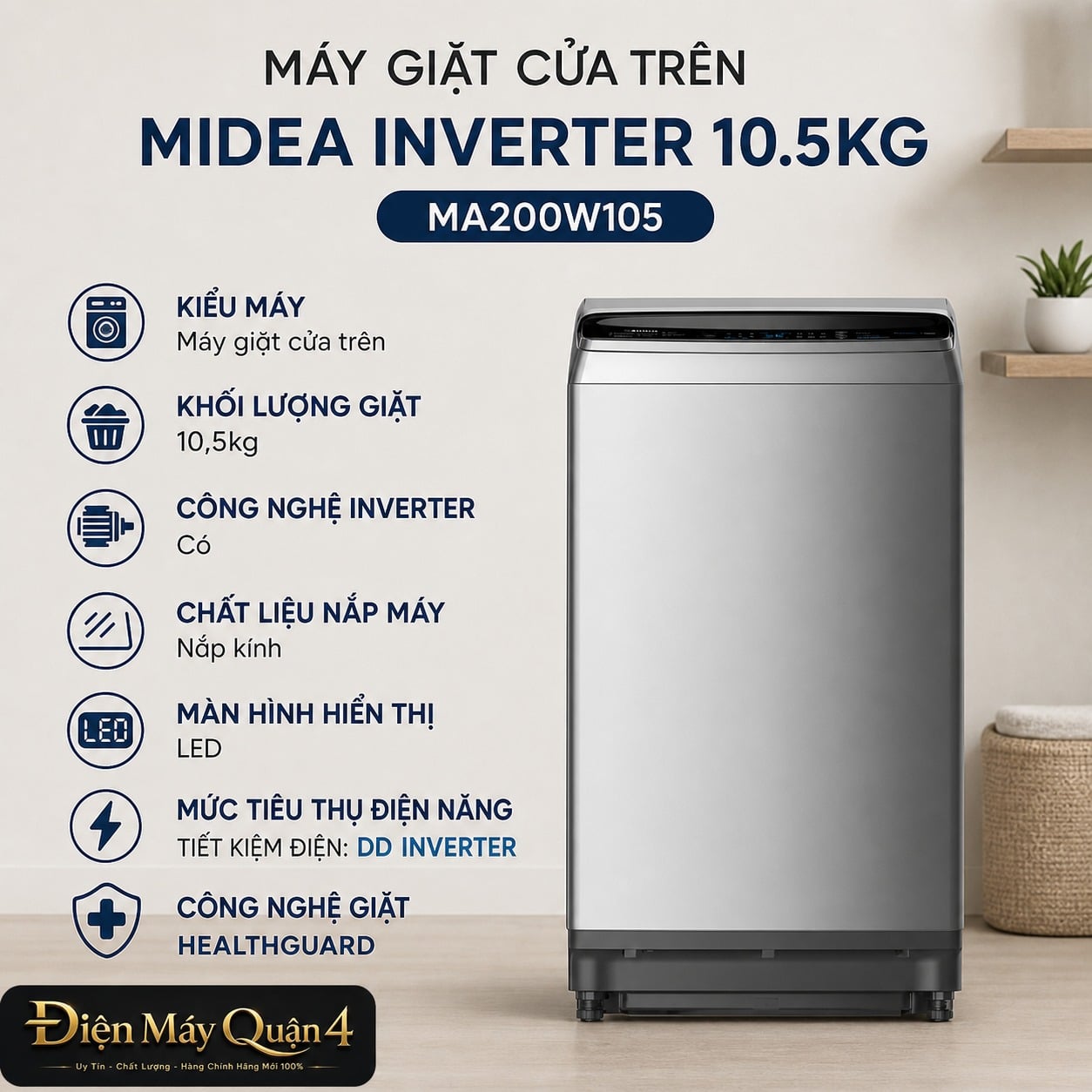 Máy giặt cửa trên Midea Inverter 10.5kg MA200W105