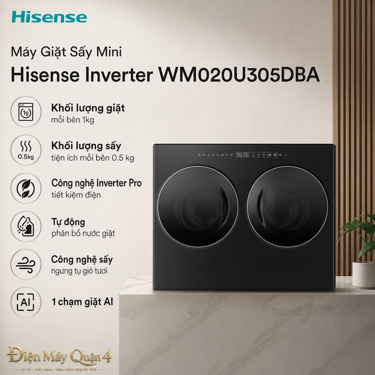 Máy Giặt Sấy Mini Hisense Inverter WM020U305DBA