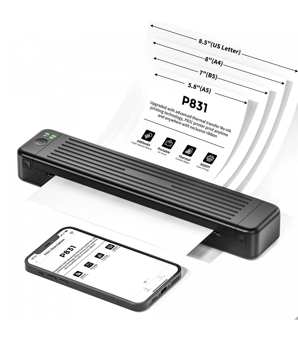 Máy in di động P831 (A4, giấy thường, in ribbon, Bluetooth/USB-C)