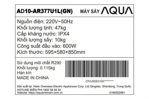 Ảnh minh họa Máy sấy bơm nhiệt Aqua 10 kg AD10-AR377U1L GN 1