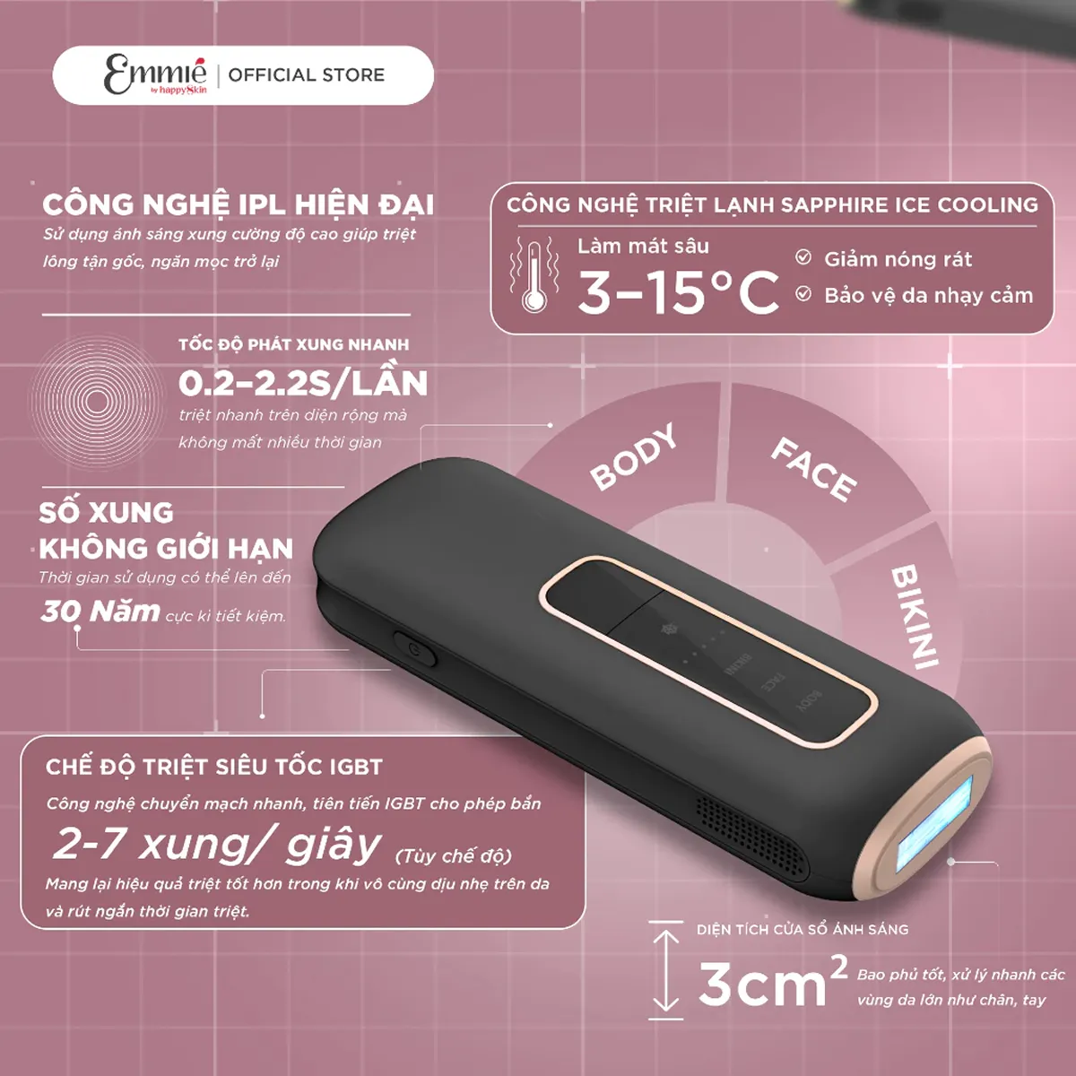 Ảnh minh họa Máy triệt lông lạnh Emmié IPL Therapy Device For Hair Removal EM520 Sapphire ICE Unlimited 1