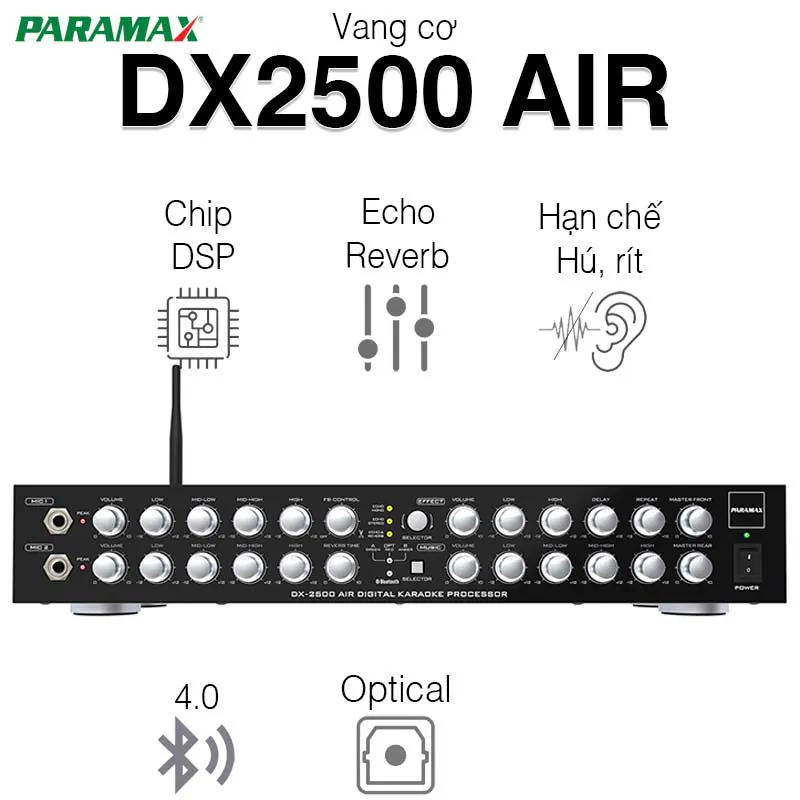 Mixer Paramax DX2500 AIR, DSP, Optical, Chống hú, Bluetooth, Echo + Reverb