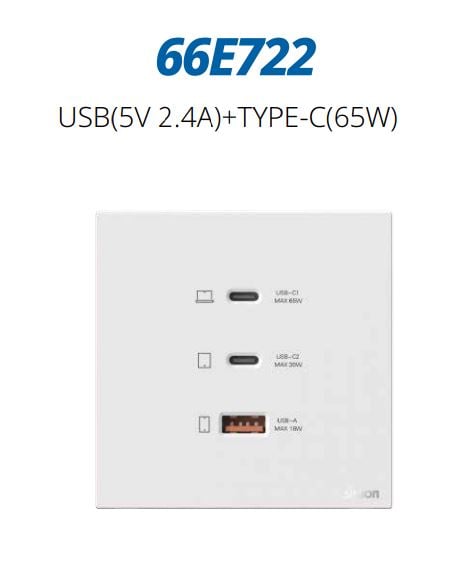 Ảnh minh họa Module Ổ sạc USB(5V 2.4A)+TYPE-C(65W) Simon M7 66E722 Màu Trắng 2