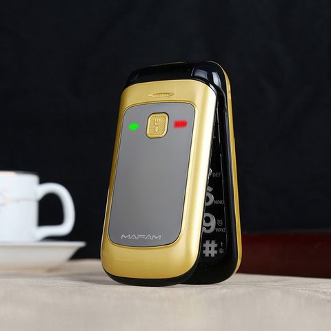 Điện thoại lật Mafam F138 Vàng – 2.4 inch, phím lớn, Dual SIM, SOS, Magic Voice