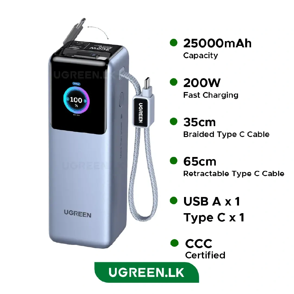 Pin sạc dự phòng UGREEN 25000mAh 200W Nexode Pro kèm cáp bện 35cm + cáp USB-C rút 65cm